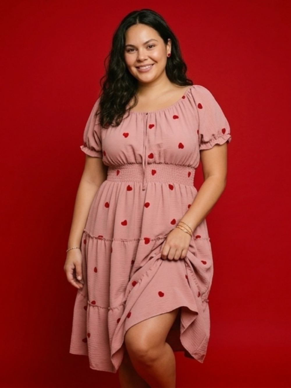 Red Pink Heart Print Midi Dress